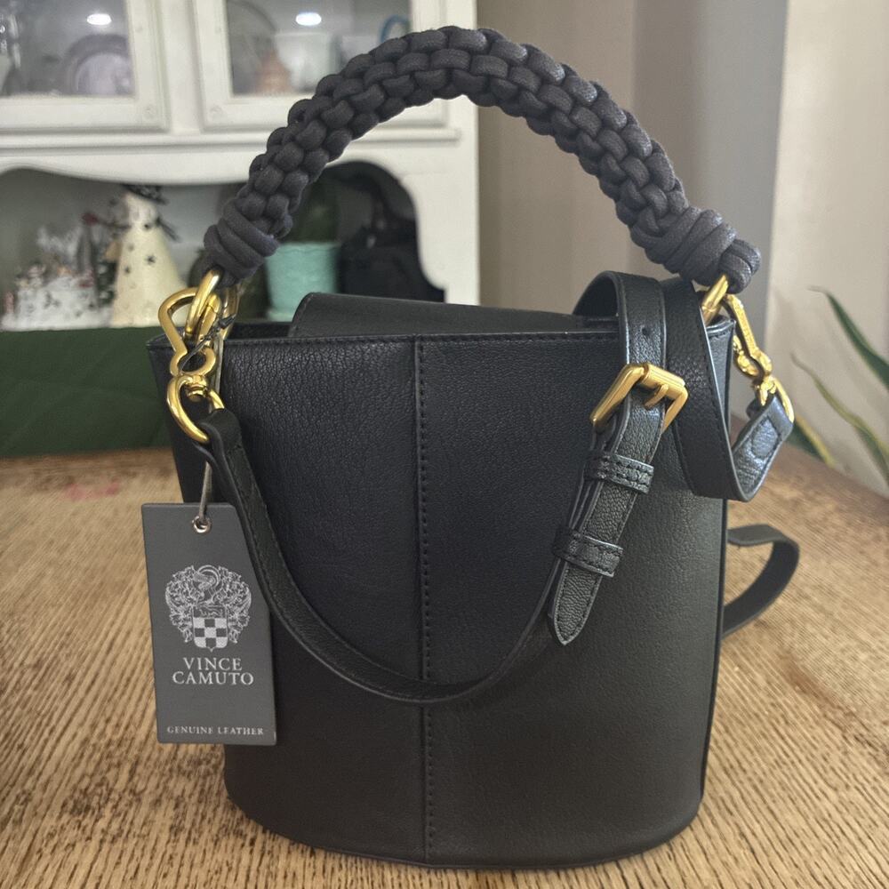 Vince Camuto Black Leather Bucket Bag Zane Crossbody 2 Way Braided Handle NEW